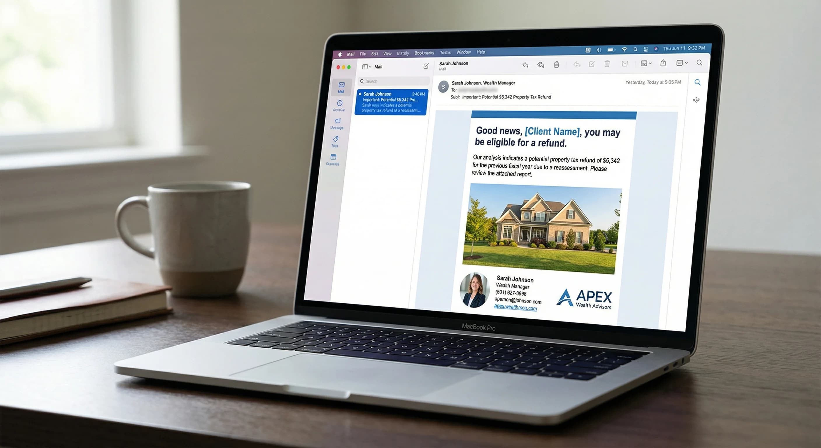 Laptop showing a branded Apple Mail message about a $7,342 property tax refund.