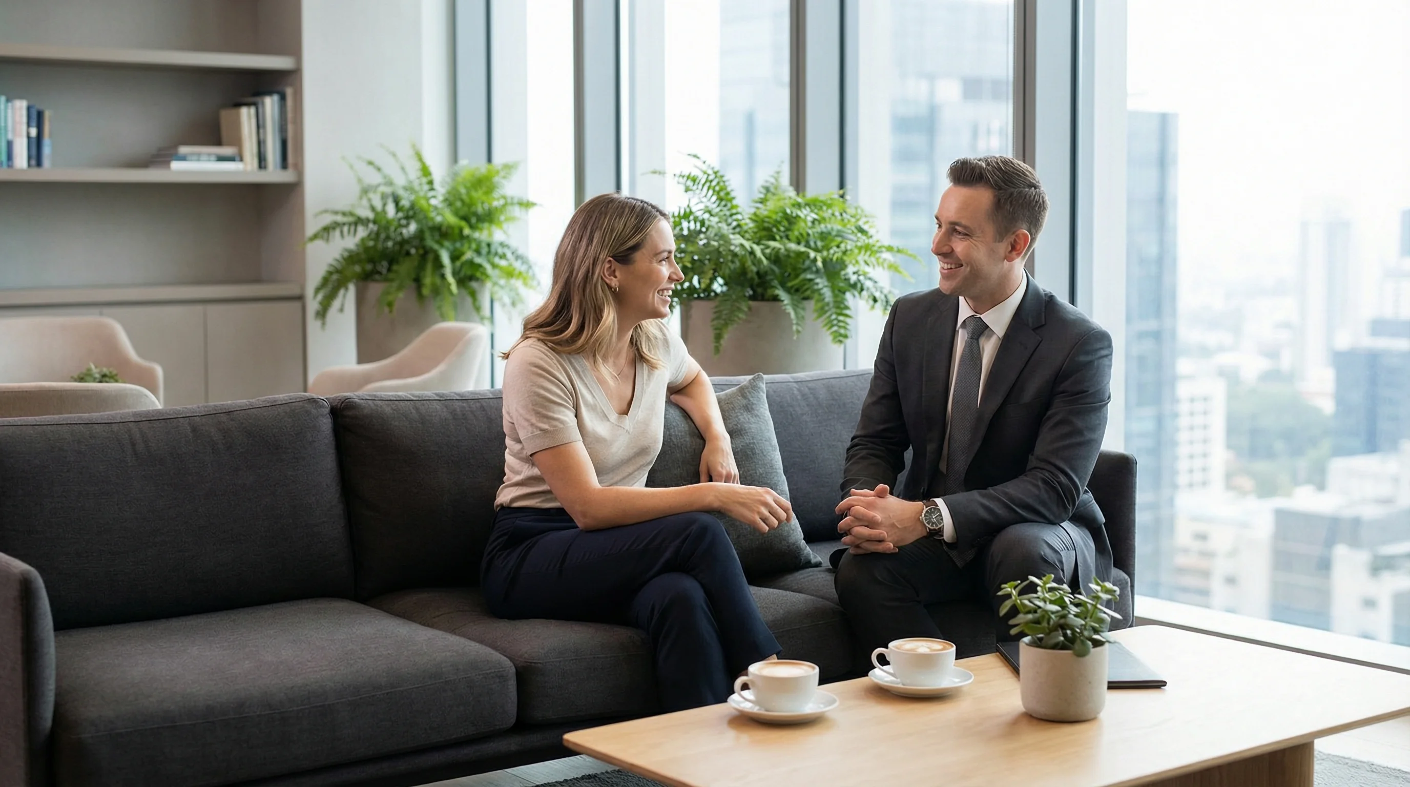 Wealth manager and client in a premium office lounge with cappuccinos on the table.